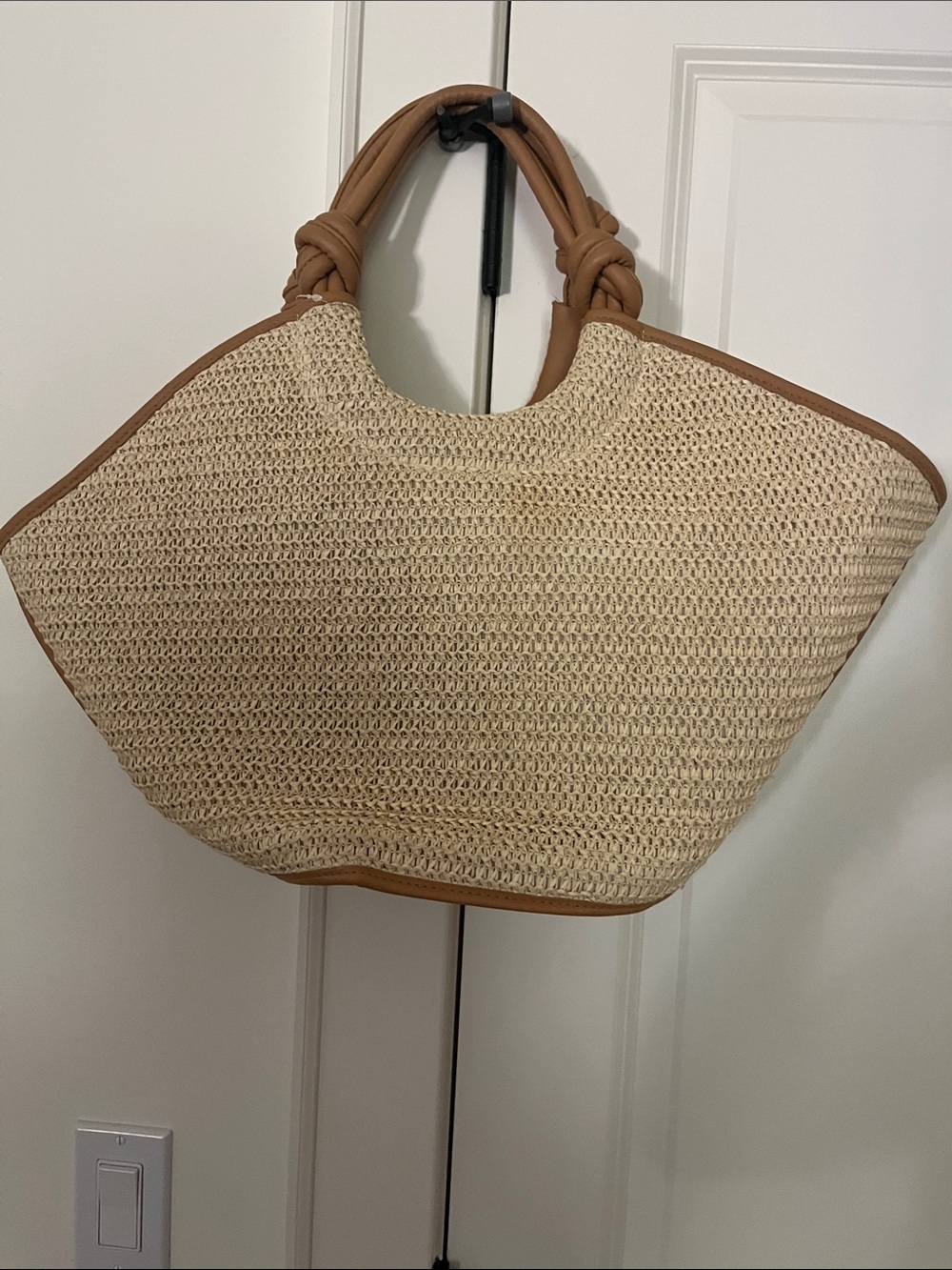 Woven Straw Tote Bag with Tan Trim